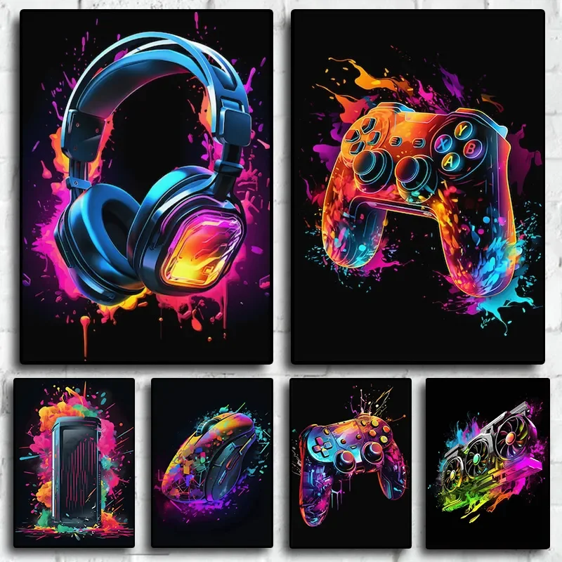 Resin Art Video - Неоновый постер с персонажами видеоигр, геймпадом,